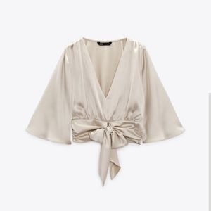 Zara newton's cream satin effect tied front  cropped blouse